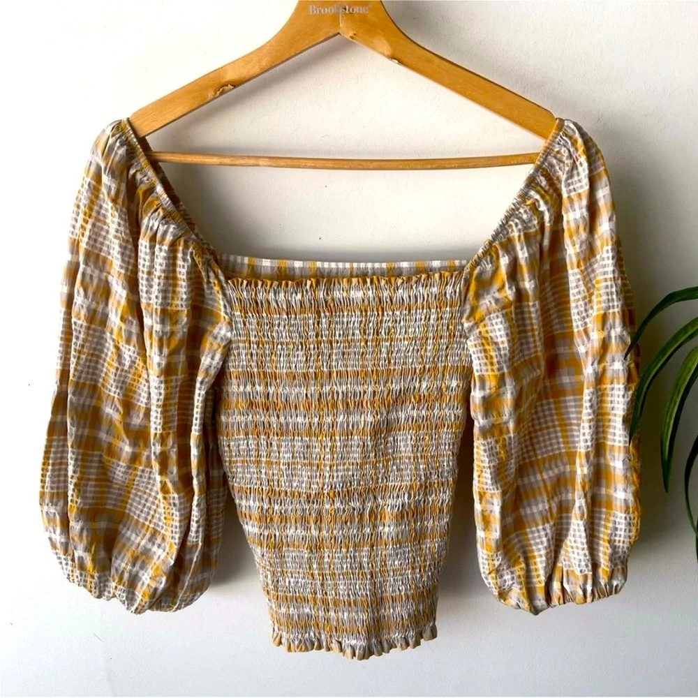 EUC Maeve Anthropologie Top Womens Small Yellow Plaid Puff Shoulder Cottage Boho - Picture 1 of 2
